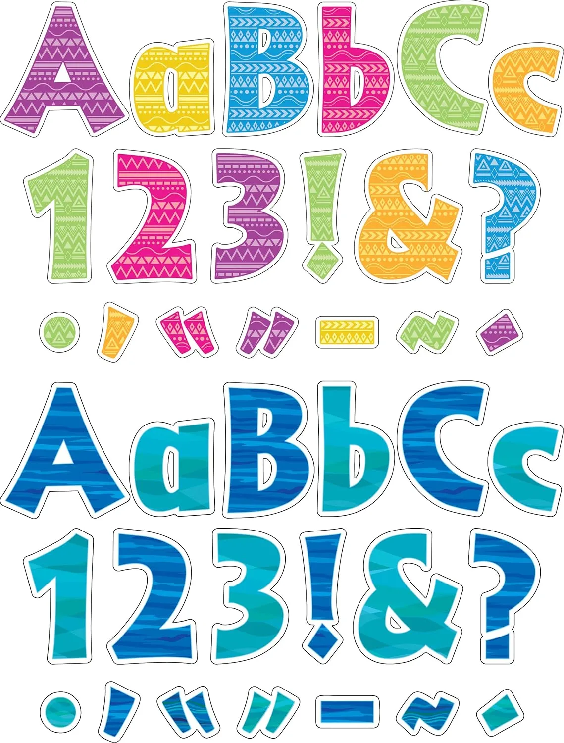 Barker Creek Letter Pop-Out Set of 2, 4" Kai Ola and Sea & Sky, Mixed-Design, 255 Upper and Lowercase Letters