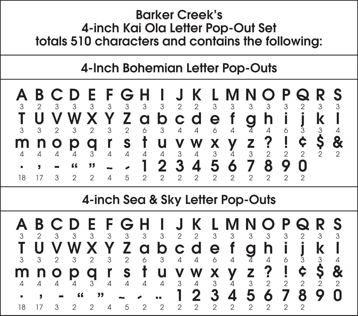 Barker Creek Letter Pop-Out Set of 2, 4" Kai Ola and Sea & Sky, Mixed-Design, 255 Upper and Lowercase Letters