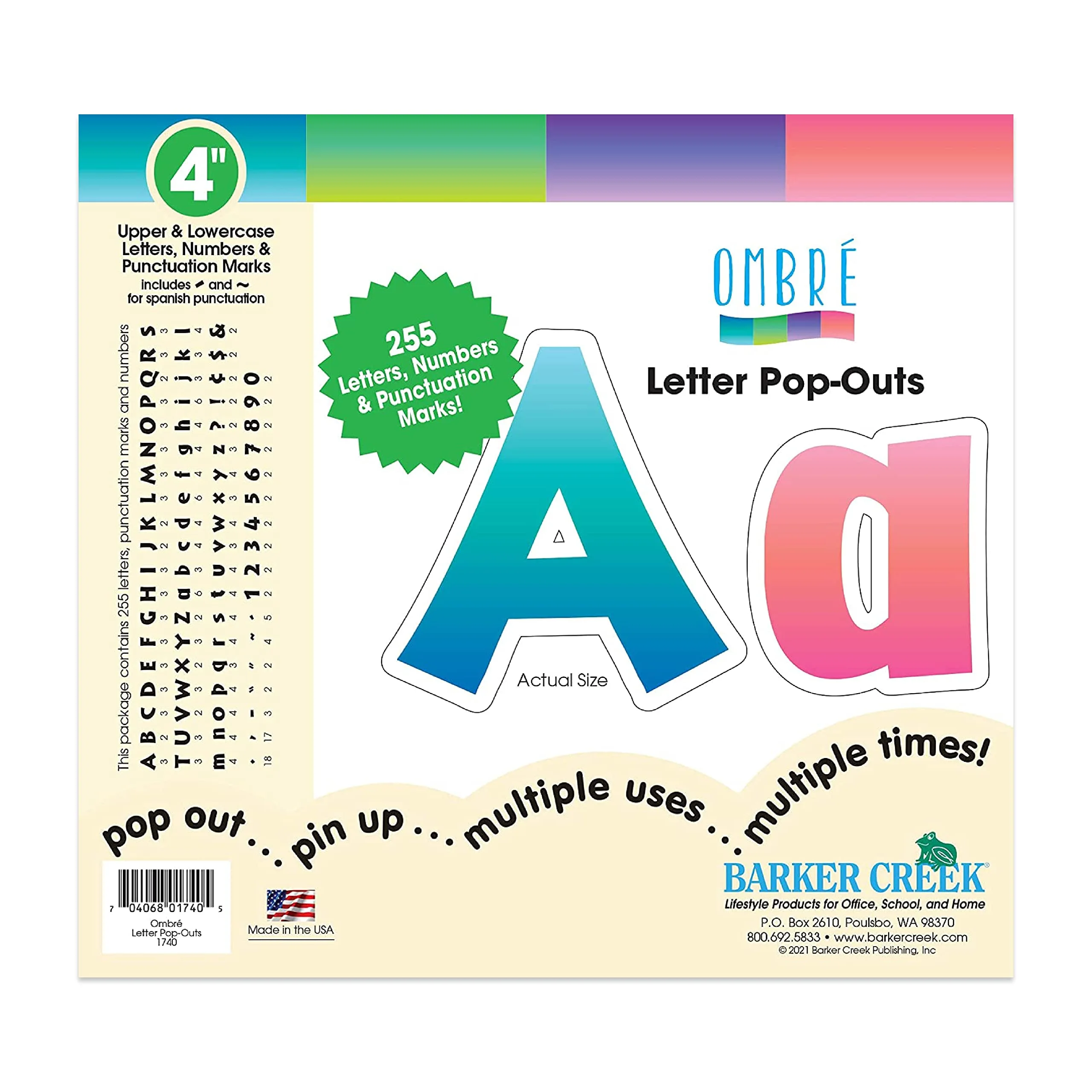 Barker Creek Letter Pop-Outs, 4" Multicolor Die-Cut Letters, 255 Characters
