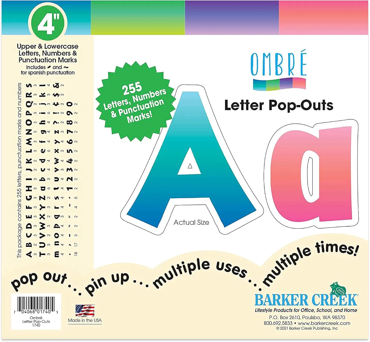 Barker Creek Letter Pop-Outs, 4" Multicolor Die-Cut Letters, 255 Characters