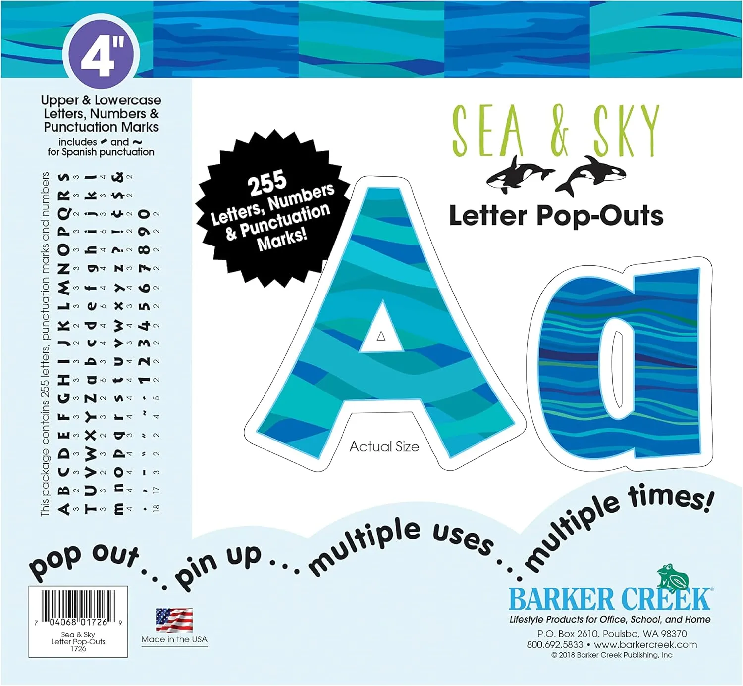 BARKER CREEK Letter Pop-Outs, 4" Sea & Sky, Multicolor Designer Letters for Bulletin Boards, Breakrooms, Reception Areas