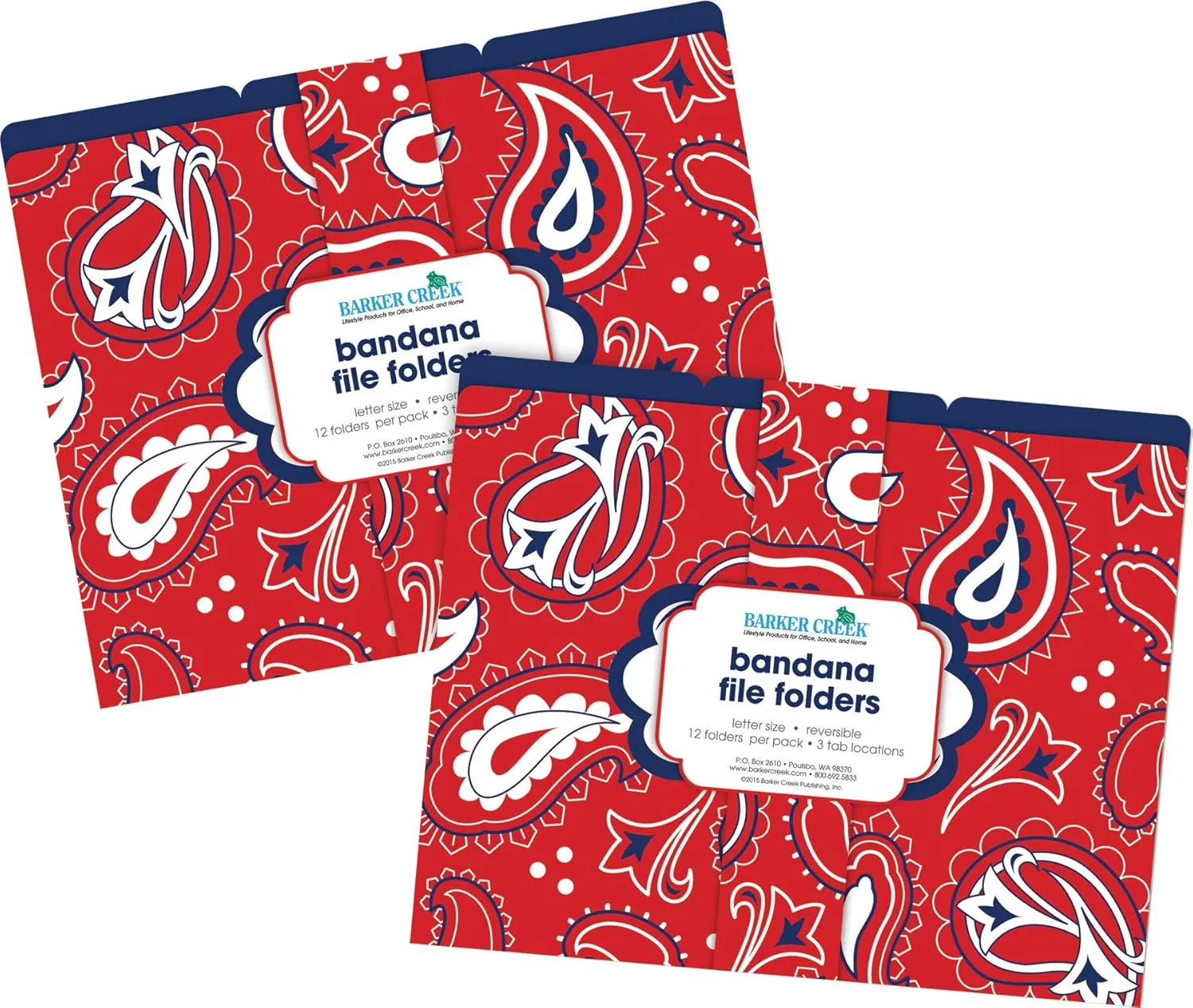 Barker Creek Designer File Folder Set of 24, Bandana, Colorful Bandana Pattern on Outside, Solid Navy Blue on Inside