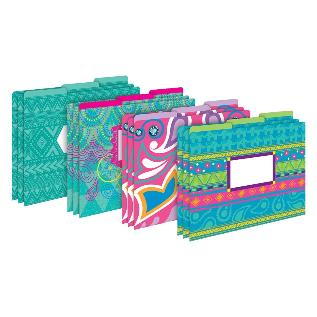 Barker Creek Designer File Folders, Bohemian, Multi-Design, Playful Patterns on Outside, Solid Colors on Inside, Letter Size