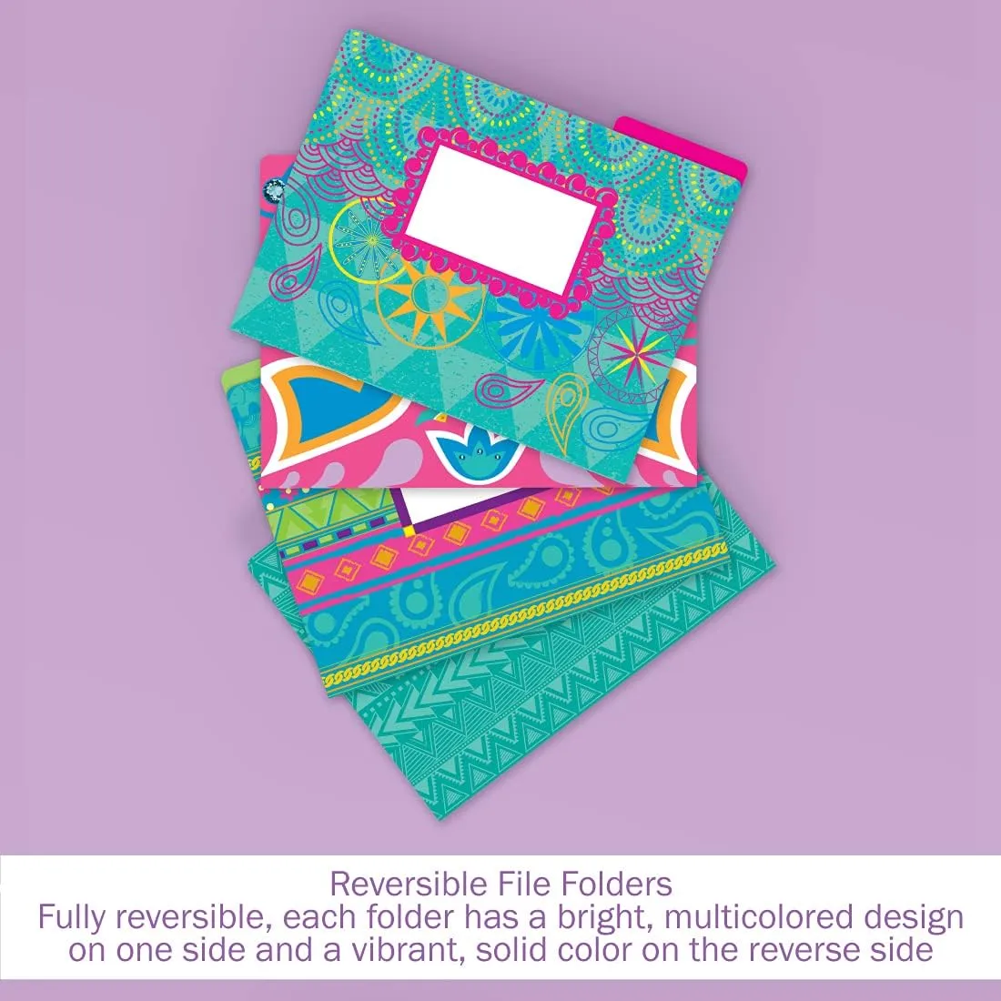 Barker Creek Designer File Folders, Bohemian, Multi-Design, Playful Patterns on Outside, Solid Colors on Inside, Letter Size