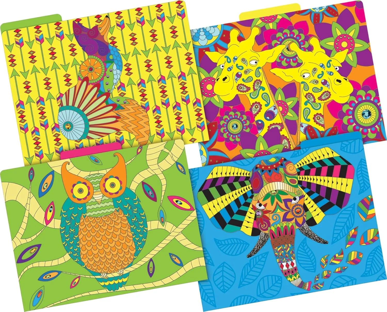 BARKER CREEK Designer File Folders Set of 12, Boho Animals, Multi-Design, Bohemian on Outside, Solid Colors on Inside