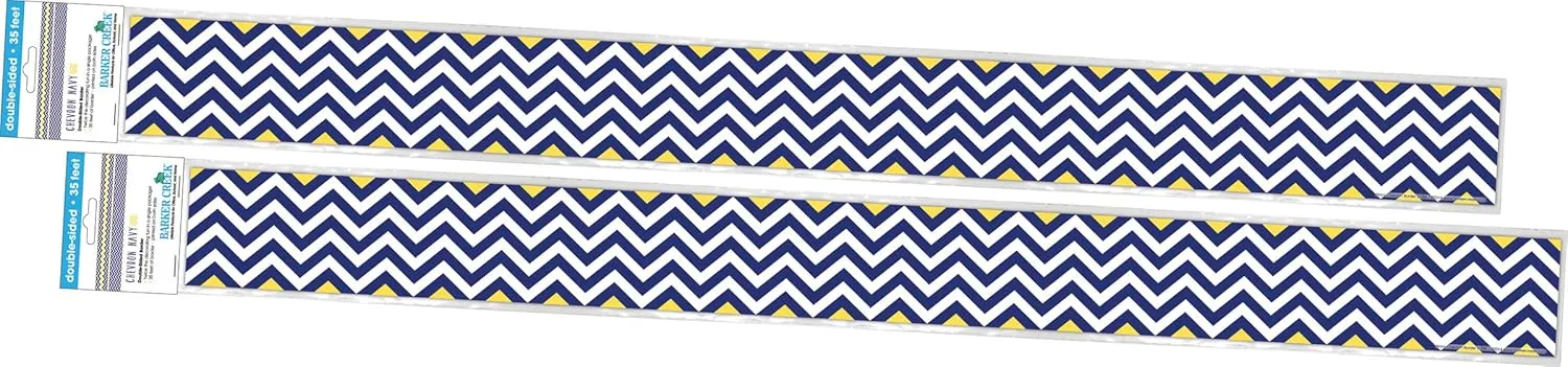 Barker Creek Double-Sided Border 2-Pack, Navy & Yellow Chevron, Decorate Galore with 70' of Border
