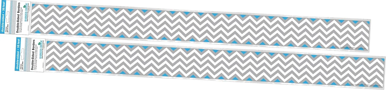 Barker Creek Double-Sided Border 2-Pack, Gray & Blue Chevron, Decorate Galore with 70' of Border