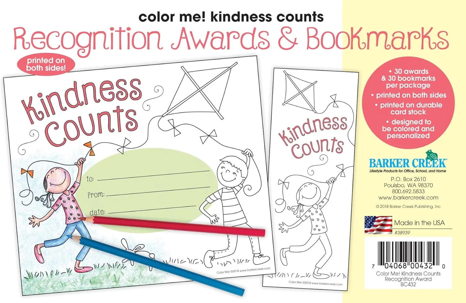 BARKER CREEK Recognition Awards and Bookmarks, Color Me Kindness Counts