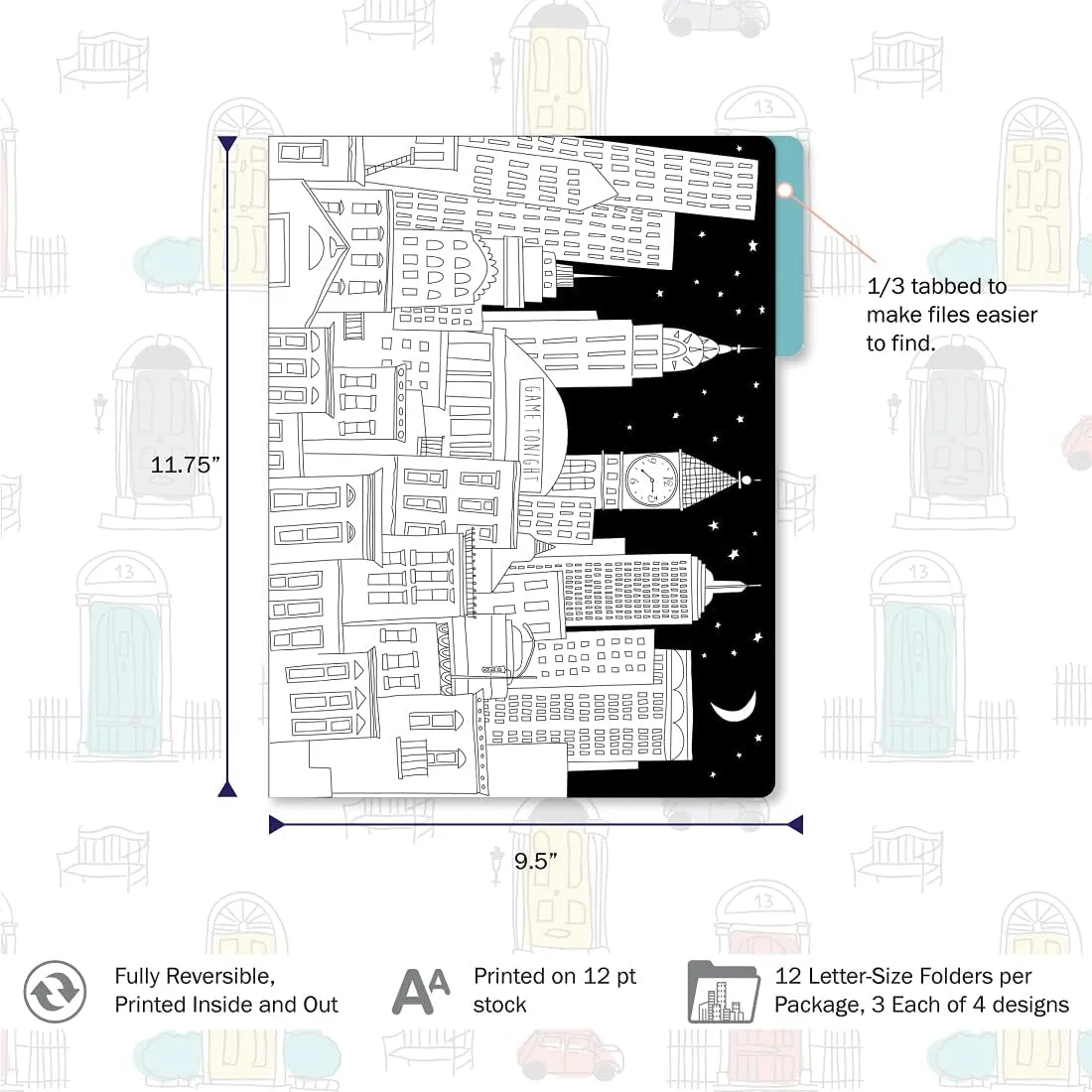 Barker Creek Designer File Folders Set of 12, Color Me! Cityscapes, Multi-Design, Adult Coloring Book Style, Letter Size