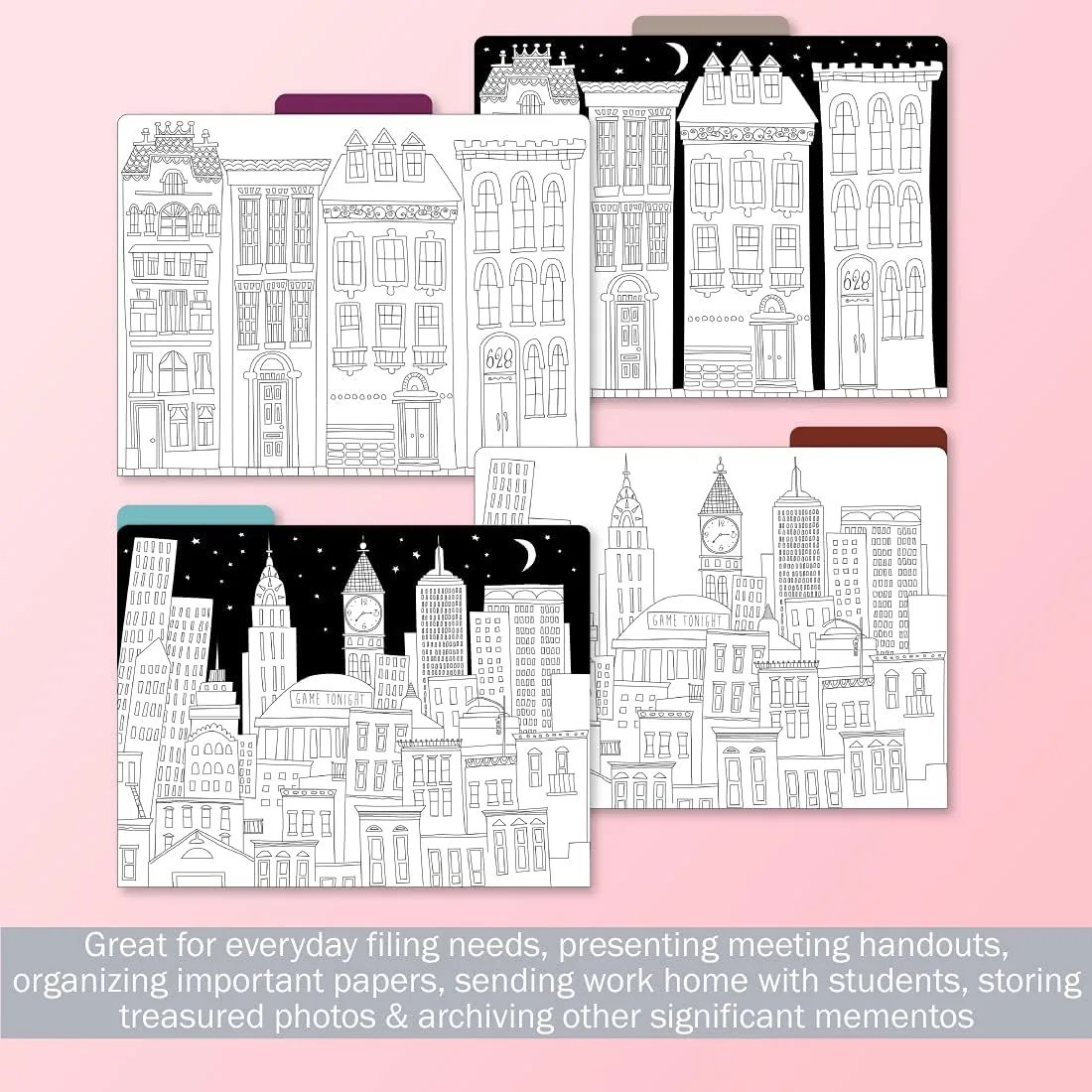 Barker Creek Designer File Folders Set of 12, Color Me! Cityscapes, Multi-Design, Adult Coloring Book Style, Letter Size