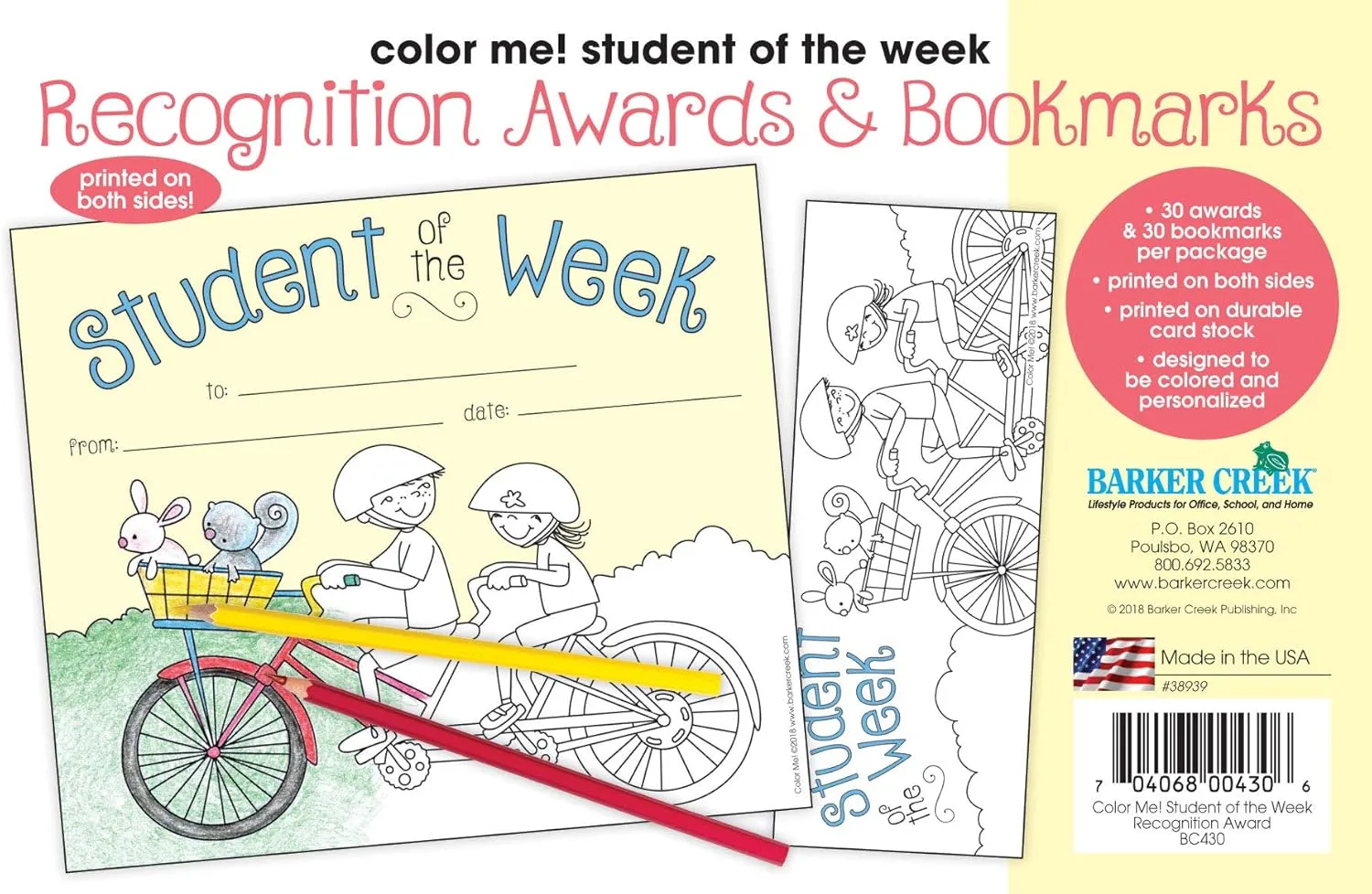 BARKER CREEK Recognition Awards and Bookmarks, Color Me Student of The Week, Awards are 6-3/8" x 5-1/2"