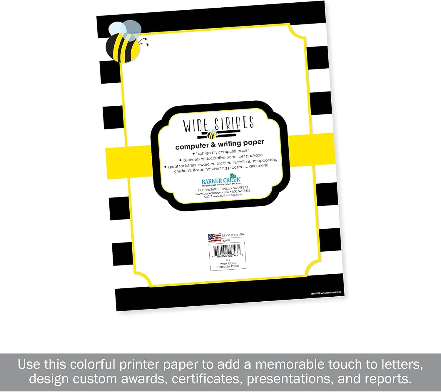 Barker Creek Designer Computer Paper, Wide Stripes With Bee, 8.5” x 11”, Decorative Printer Paper, 50 Sheets