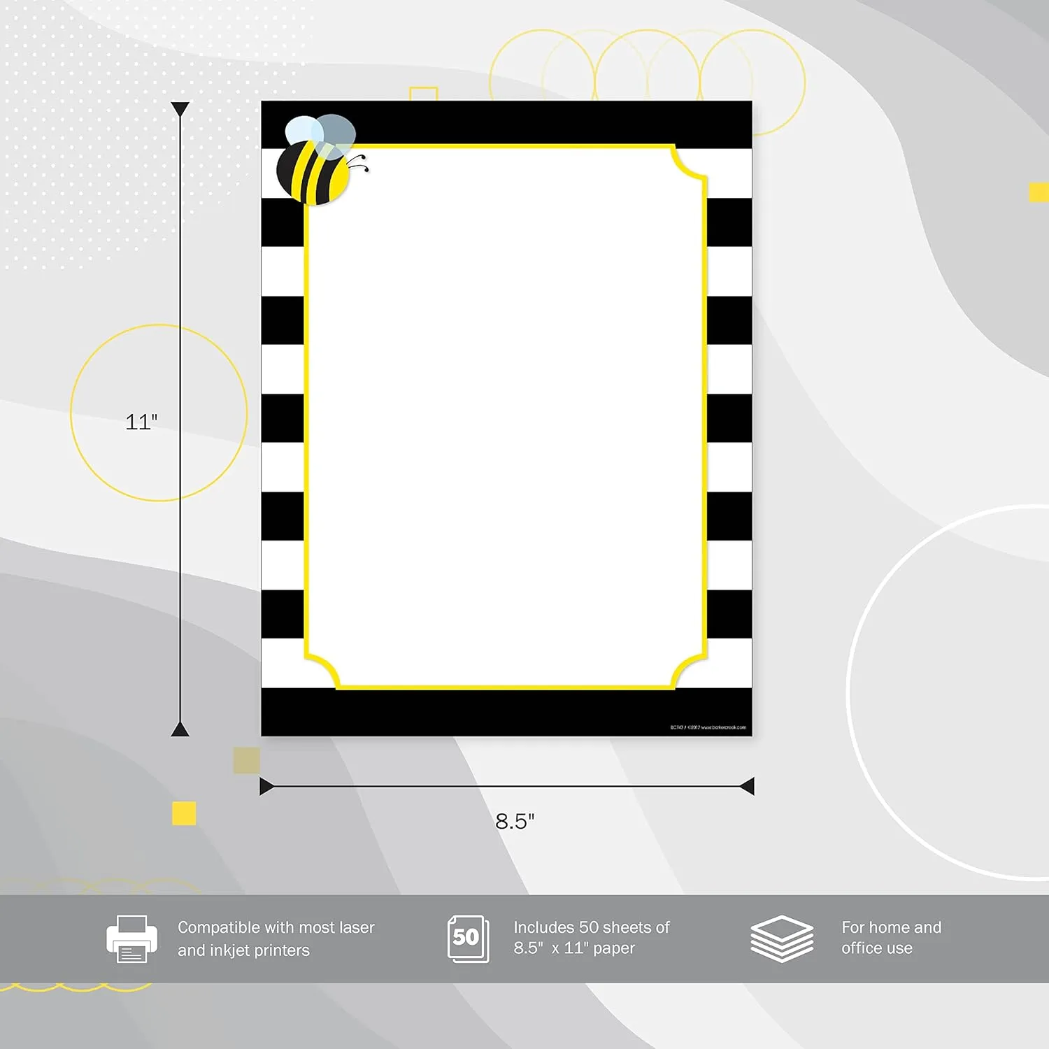 Barker Creek Designer Computer Paper, Wide Stripes With Bee, 8.5” x 11”, Decorative Printer Paper, 50 Sheets
