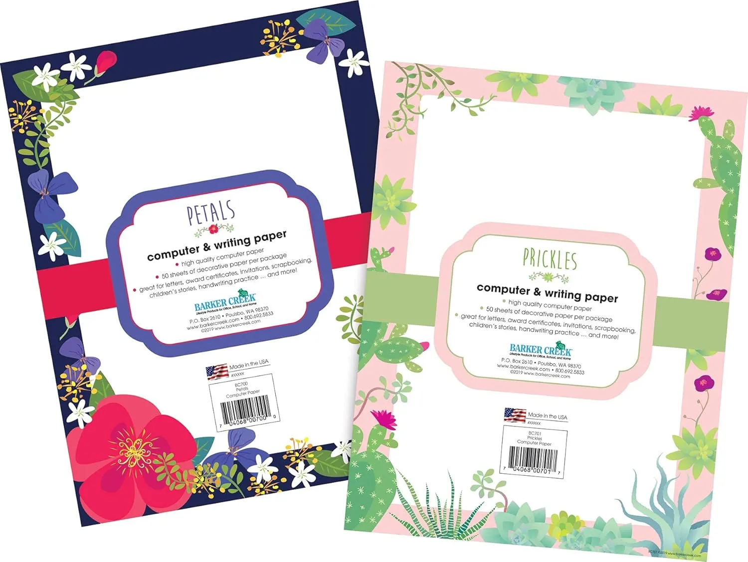 BARKER CREEK Designer Computer Paper 100 Sheet Set, Petals & Prickles, Multi-Design, 50 Sheets Each of 2 Designs