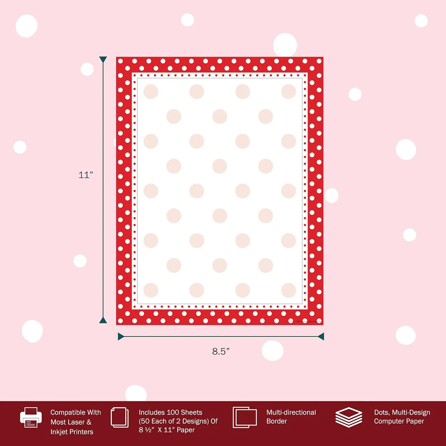 Barker Creek Designer Computer Paper 100 Sheet Set, Dots, Multi-Design, 50 Sheets of Red Dot and 50 Sheets of Black Dot
