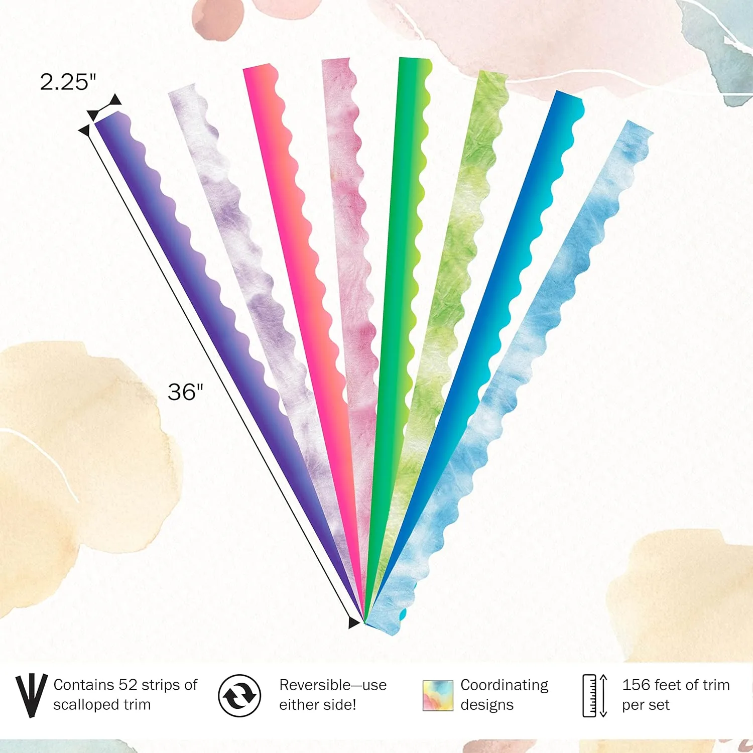 BARKER CREEK Double-Sided Scalloped Border Set of 4, Tie-Dye and Ombré, Multi-Design, 39' Each of 4 Designs, Blue, Lime