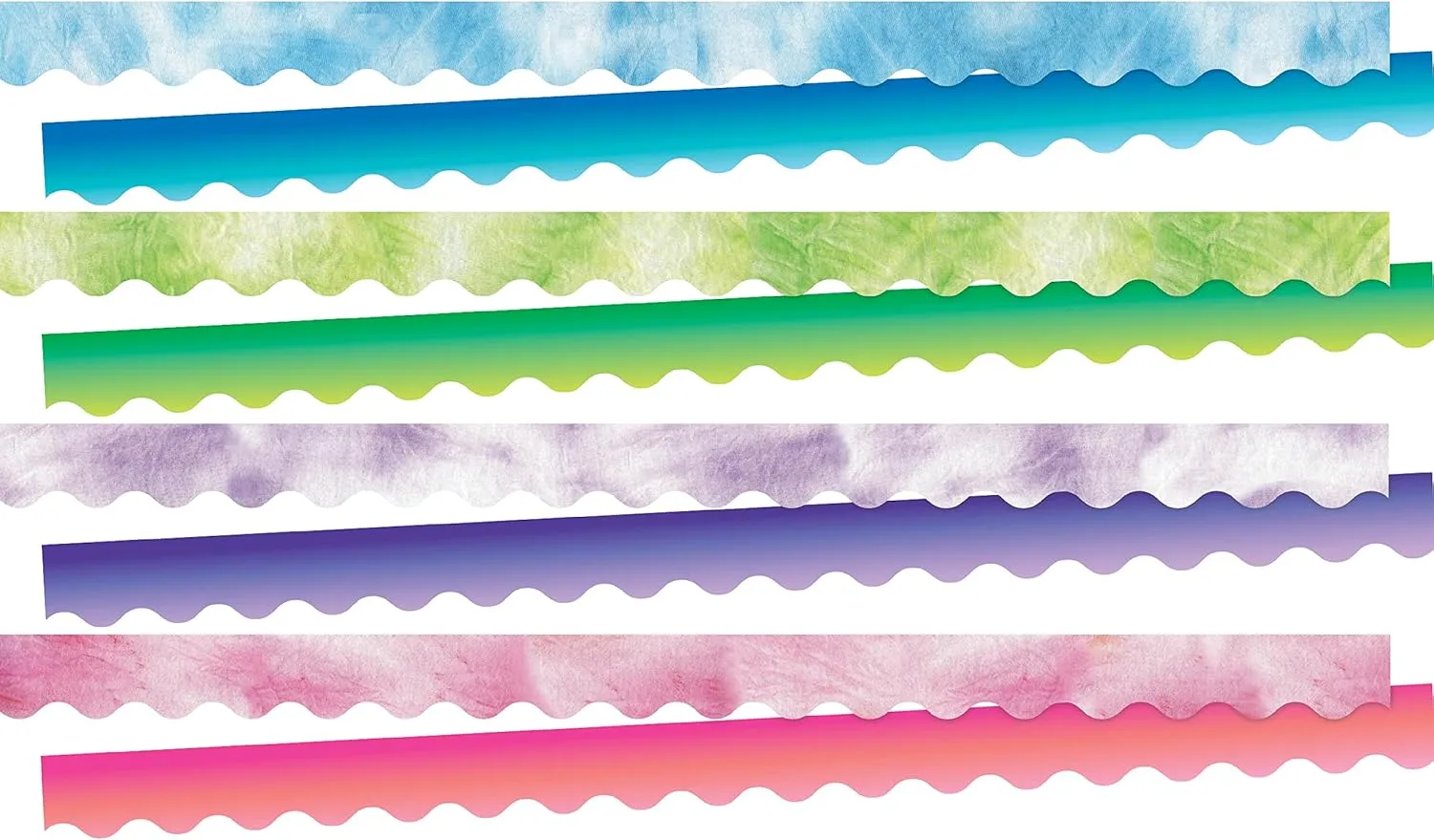 BARKER CREEK Double-Sided Scalloped Border Set of 4, Tie-Dye and Ombré, Multi-Design, 39' Each of 4 Designs, Blue, Lime