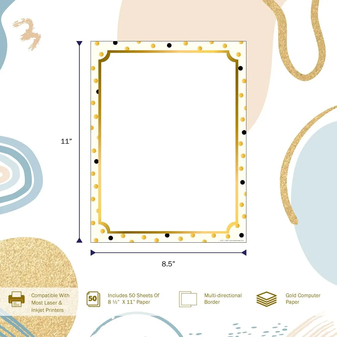 Barker Creek Designer Computer Paper, Gold, 8.5” x 11”, Decorative Printer Paper, Stationery, 50 Sheets per Pkg, Home