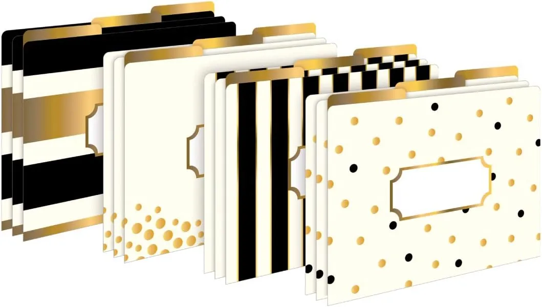 BARKER CREEK Designer File Folders Set of 12, Gold, Multi-Design Set with Gold on Outside, Cream on Inside