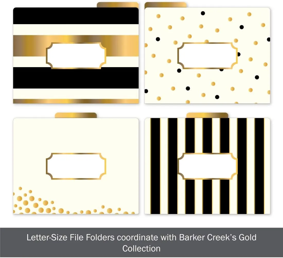BARKER CREEK Designer File Folders Set of 12, Gold, Multi-Design Set with Gold on Outside, Cream on Inside