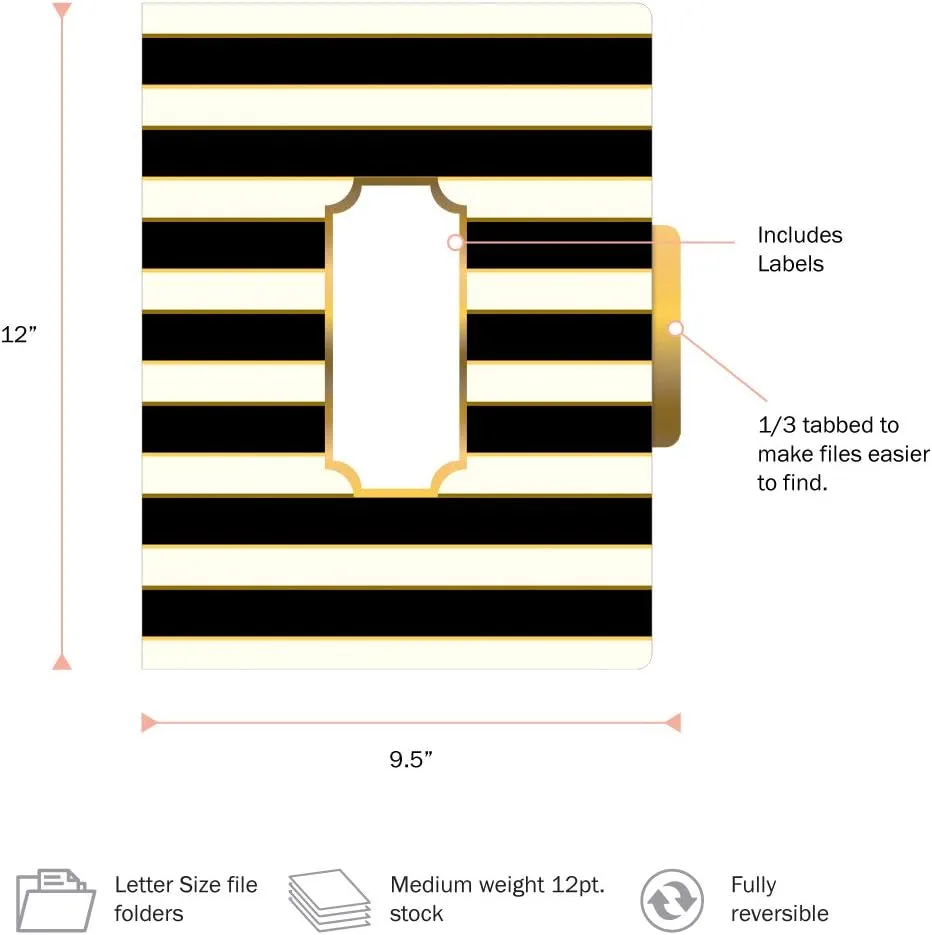 BARKER CREEK Designer File Folders Set of 12, Gold, Multi-Design Set with Gold on Outside, Cream on Inside