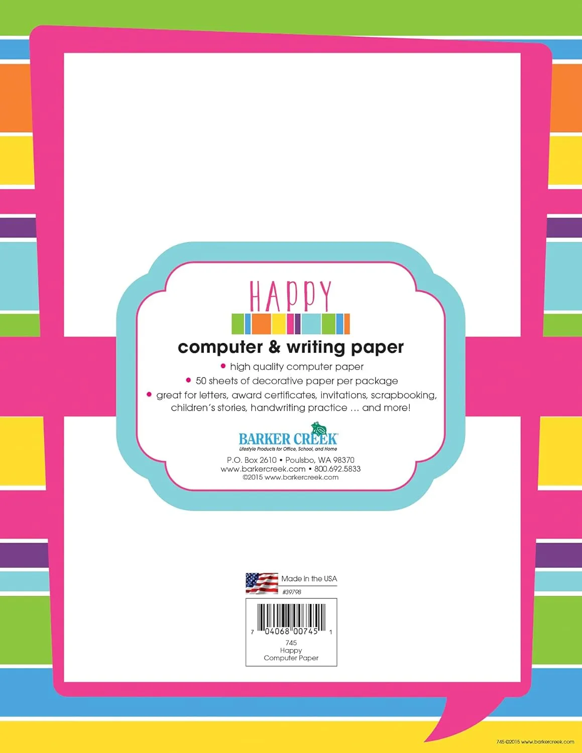 BARKER CREEK Creek Designer Computer Paper, Happy Bright Stripe, Decorative Printer Paper, 50 Sheets Per Pkg, Home, School