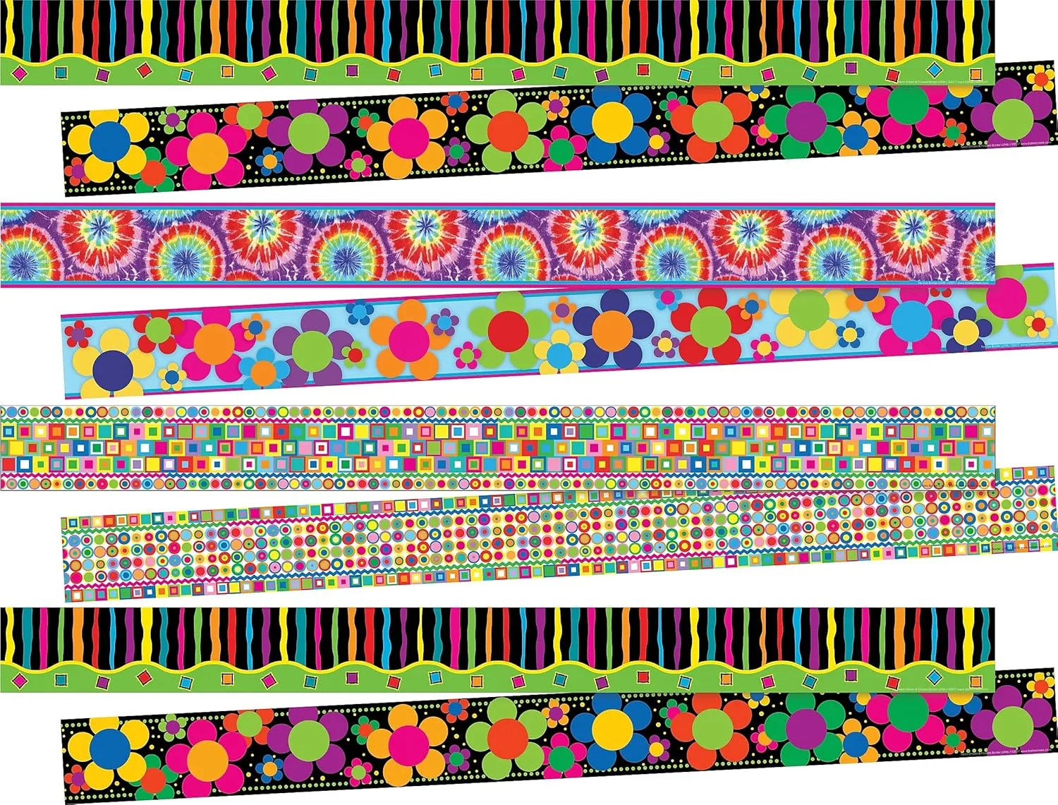 Barker Creek Double-Sided Trim Set of 4, Just Groovy, Mixed-Design, 140 feet of Double-Sided Trim - 35' Each of Four Designs