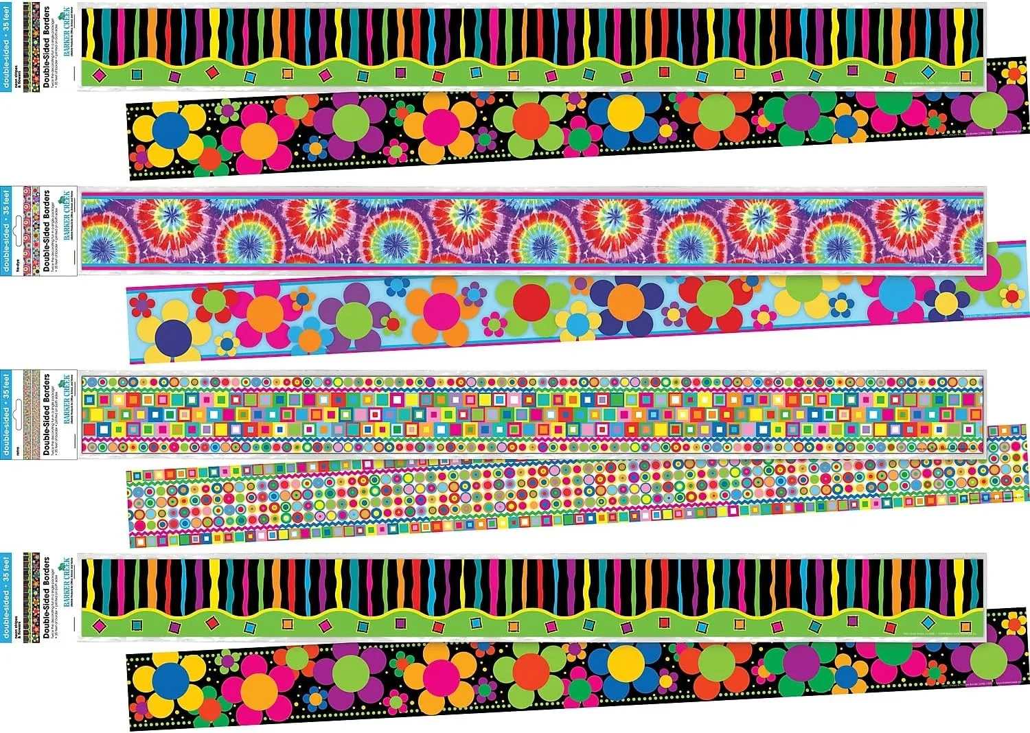 Barker Creek Double-Sided Trim Set of 4, Just Groovy, Mixed-Design, 140 feet of Double-Sided Trim - 35' Each of Four Designs