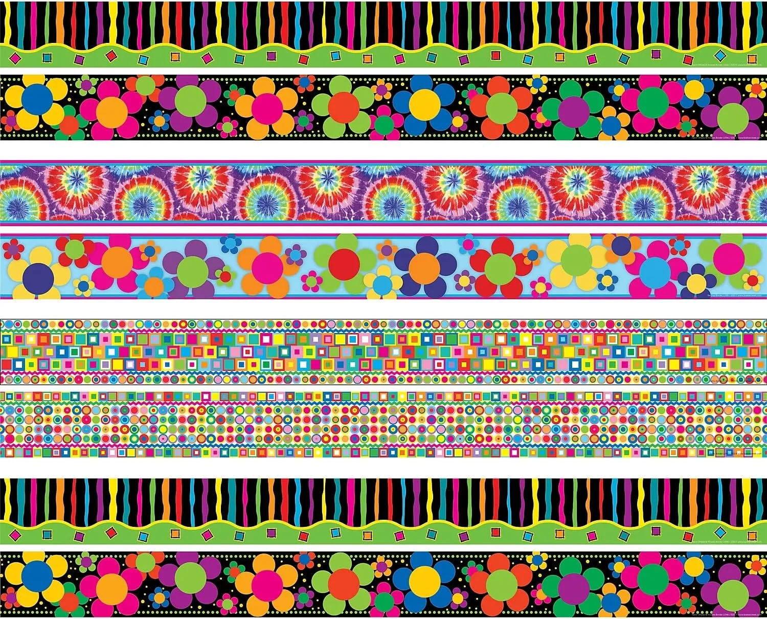 Barker Creek Double-Sided Trim Set of 4, Just Groovy, Mixed-Design, 140 feet of Double-Sided Trim - 35' Each of Four Designs