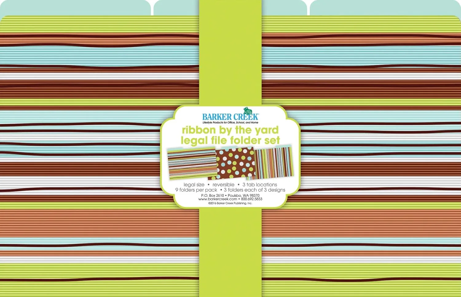 Barker Creek File Folders - Set of 9 Ribbon by The Yard Legal Size Folders, 12pt Stock, Multi-Design Set, 1/3 Cut Tabs