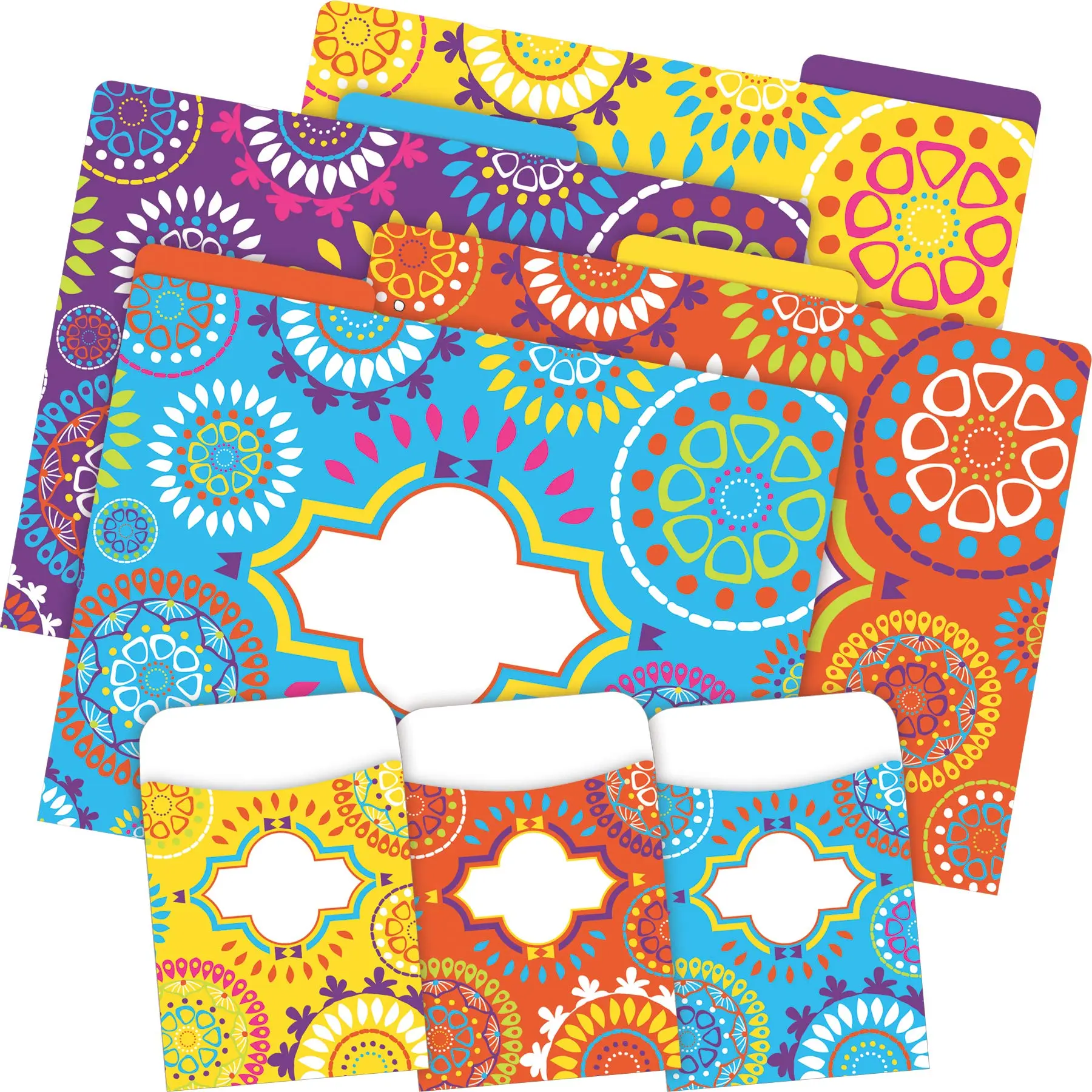 Barker Creek Designer File Folder and Library Pocket Set, Moroccan, 12 Colorful File Folders and 30 Coordinating Peel