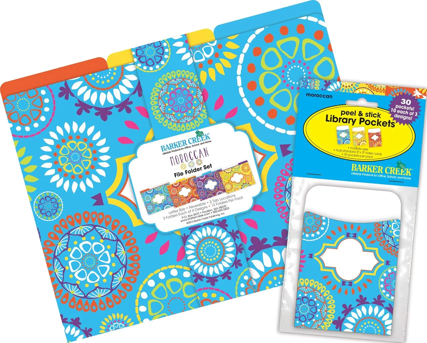 Barker Creek Designer File Folder and Library Pocket Set, Moroccan, 12 Colorful File Folders and 30 Coordinating Peel