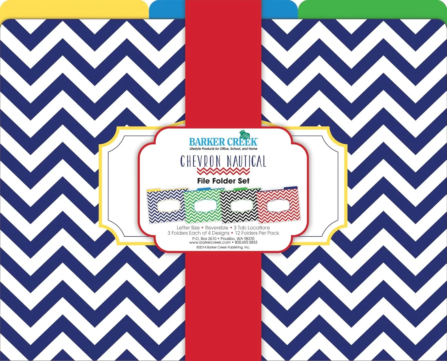 BARKER CREEK Designer File Folders, Nautical Chevron, Multicolor Chevrons on Outside, Bright Colors on Inside, Letter Size
