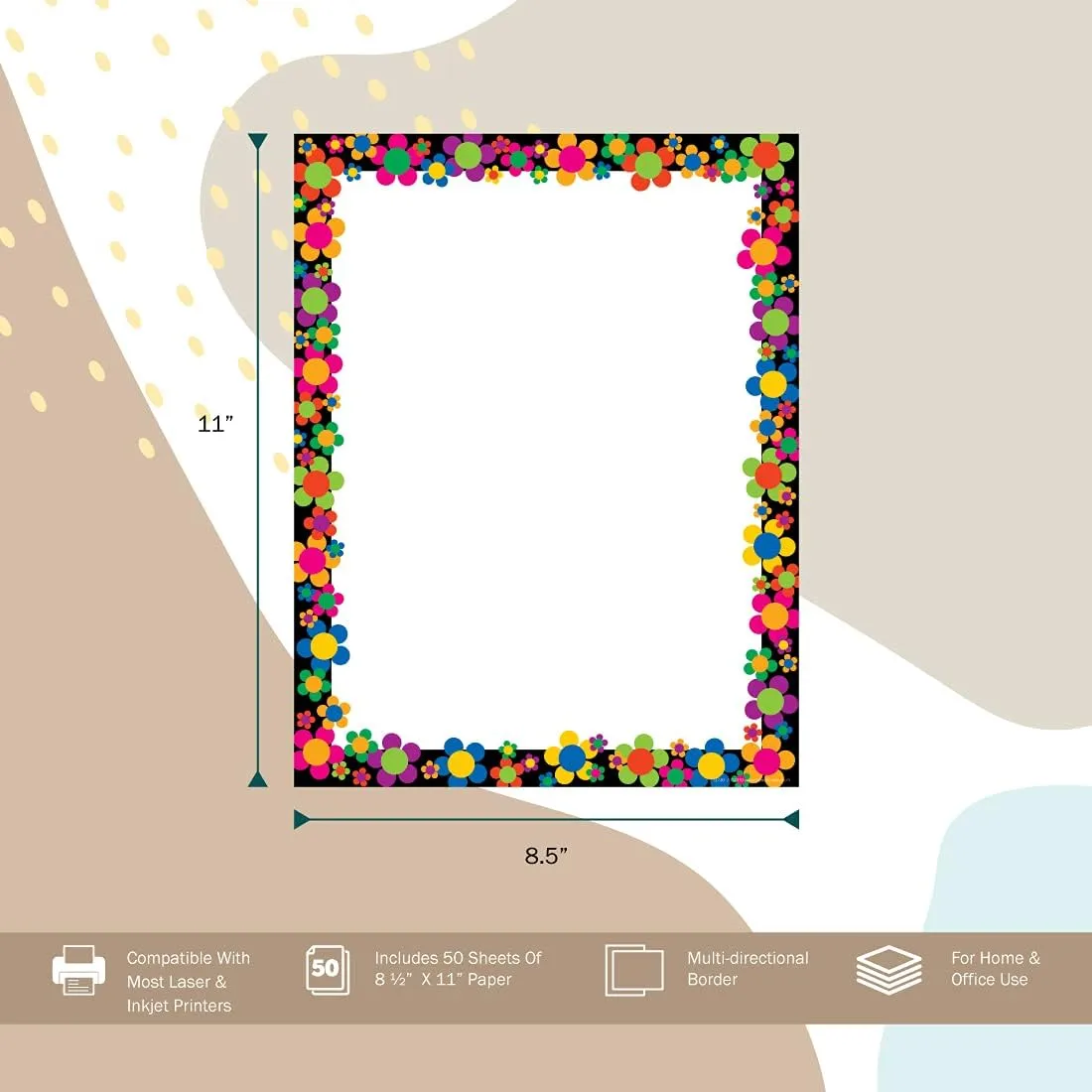 BARKER CREEK Designer Computer Paper, Neon Flower Power, 8.5” x 11”, Decorative Printer Paper, Stationery, 50 Sheets per Pkg