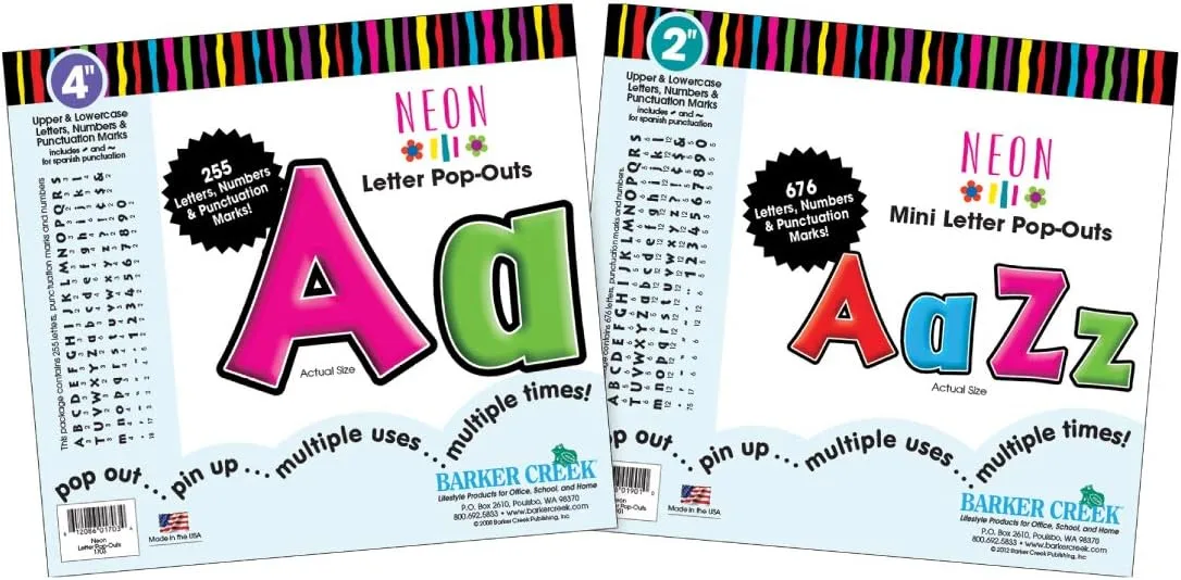 Barker Creek Letter Pop-Out Set, 2" & 4" Neon, Set Includes 255 4" and 676 2" Letters, Numbers & Punctuation Marks