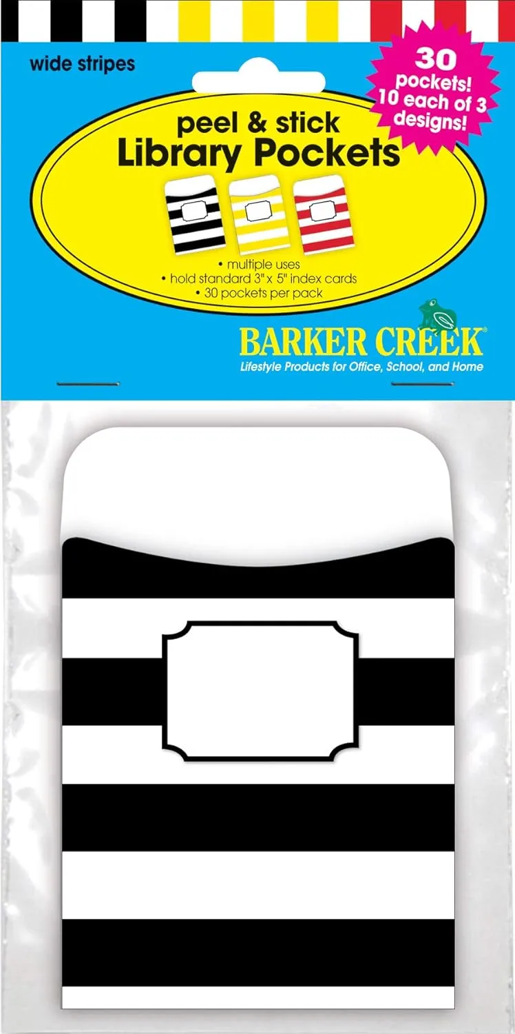 BARKER CREEK Peel & Stick Library Pockets, Wide Stripes, 3 Designs, Great for Holding Library, Index, and Flash Cards