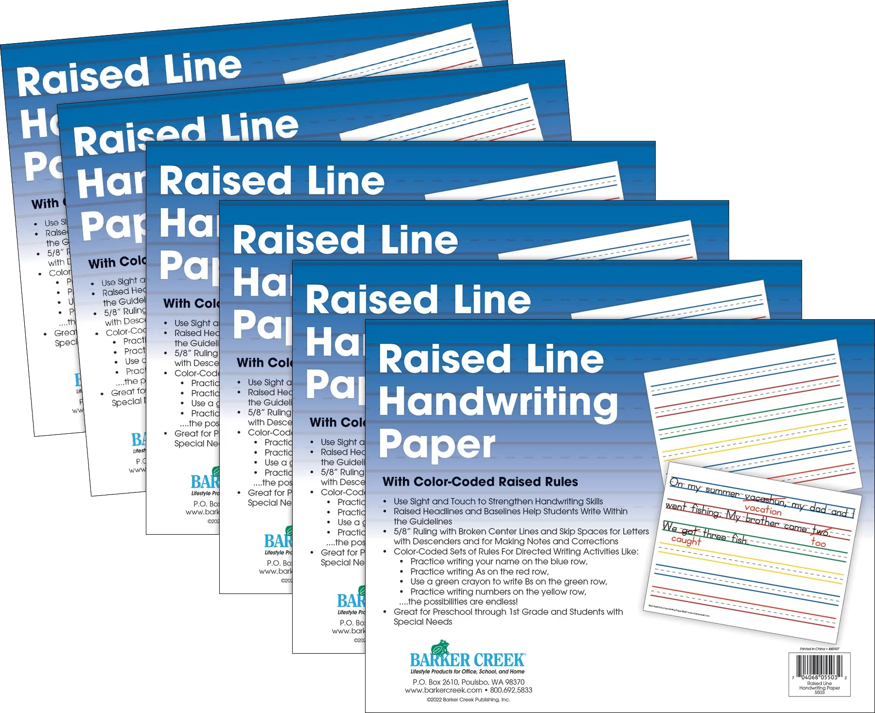 Barker Creek Raised Line Handwriting Paper with Color-Coded Raised Rules, 8.5 x 11