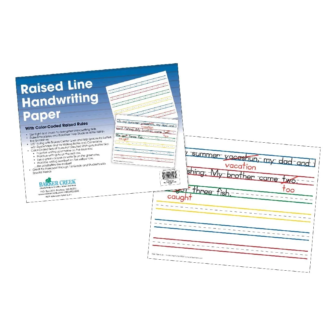 Barker Creek Raised Line Handwriting Paper with Color-Coded Raised Rules, 8.5 x 11