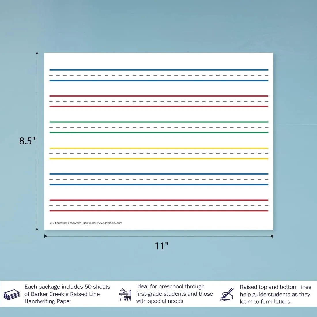 Barker Creek Raised Line Handwriting Paper with Color-Coded Raised Rules, 8.5 x 11