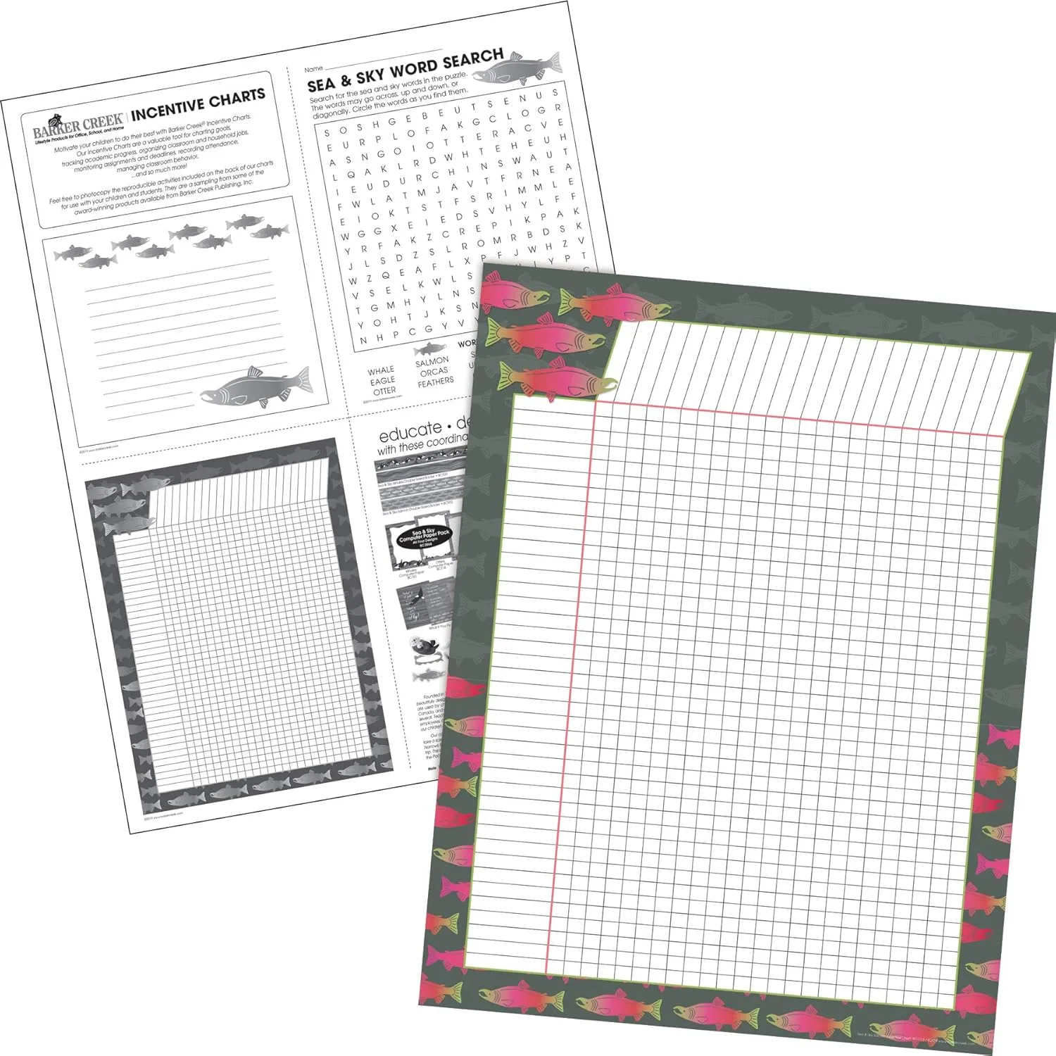 Barker Creek Incentive Chart Set of 4, Sea & Sky, 4 Coordinating Incentive Charts Featuring Orcas, Eagles, Otters