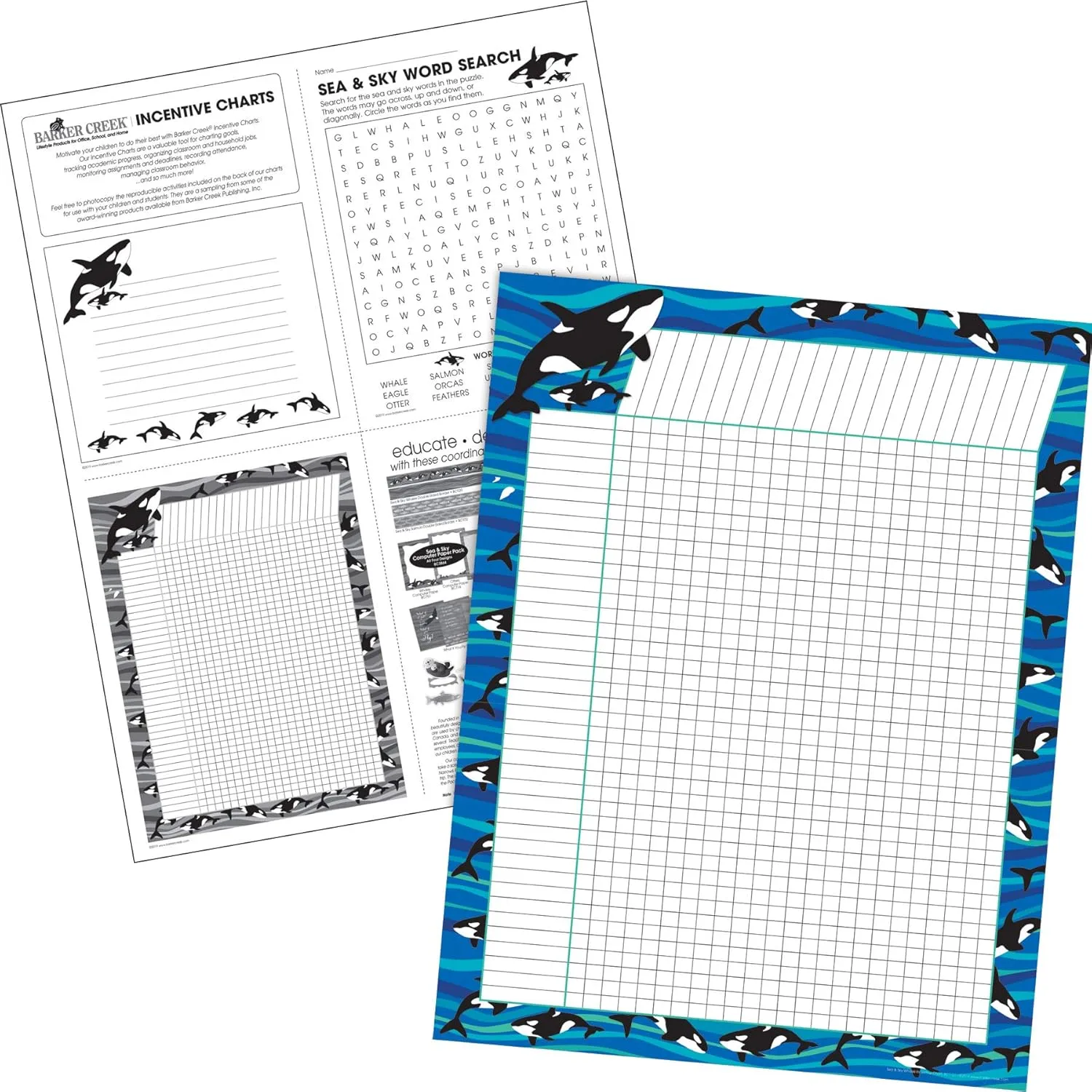 Barker Creek Incentive Chart Set of 4, Sea & Sky, 4 Coordinating Incentive Charts Featuring Orcas, Eagles, Otters
