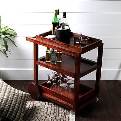 Sheesham Wood Bar Trolley | Portable Home Bar Cart with Storage & Wheels
