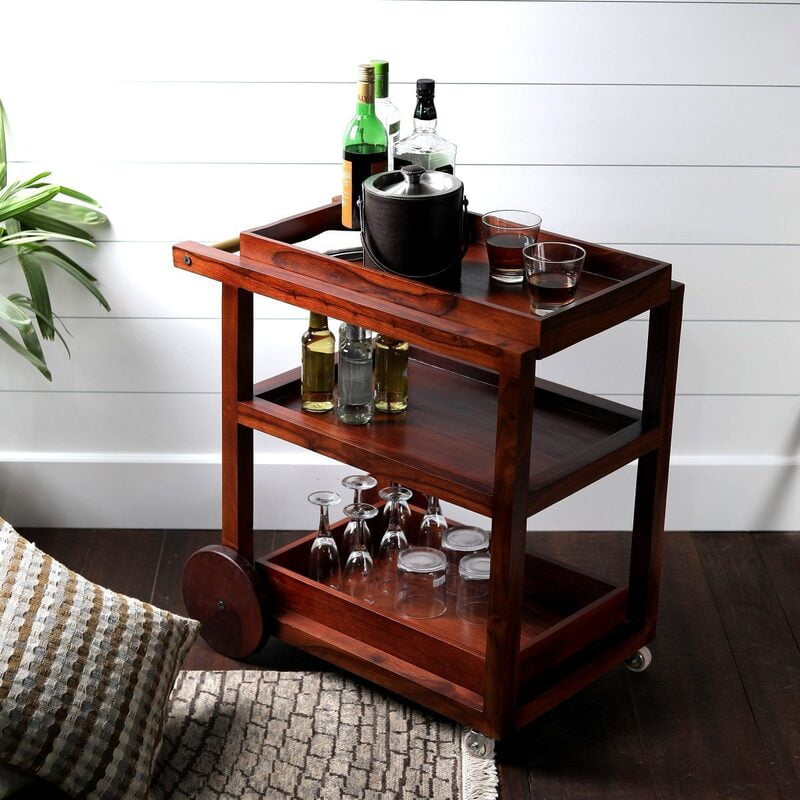 Sheesham Wood Bar Trolley | Portable Home Bar Cart with Storage & Wheels