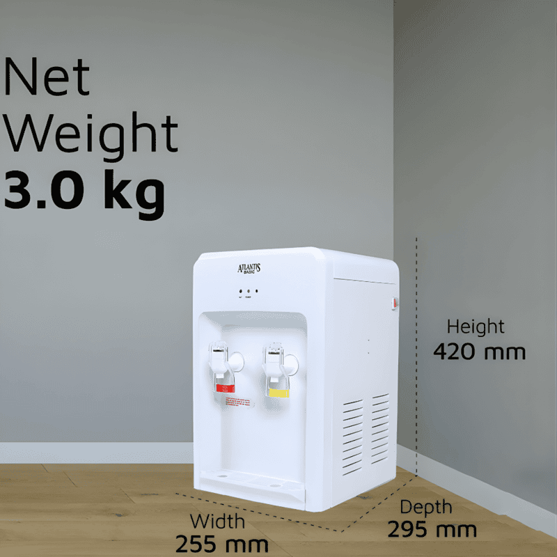 Sleek white Atlantis Basic Mini water machine featuring indicator lights and safety switches.