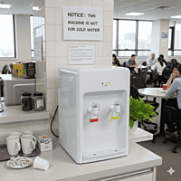 Close-up of the red and blue manual dispensing taps on an Atlantis Mini water cooler.
