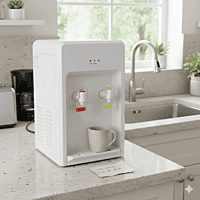 Compact white Atlantis water dispenser showing hot and normal temperature push-button controls.