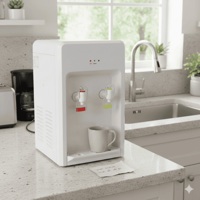 Compact white Atlantis water dispenser showing hot and normal temperature push-button controls.