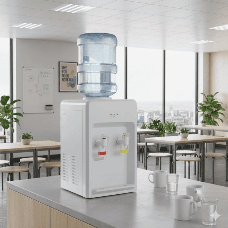 Top-loading Atlantis Basic Mini water dispenser with a 20-liter blue bottle attached.