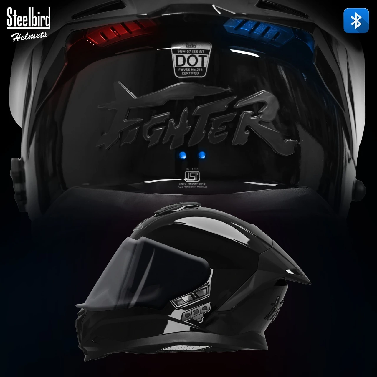 STEELBIRD SBH-57 ISS BT FIGHTER BASS X GLOSSY BLACK C/V 600MM WITH EXTRA SMOKE VISOR STEELBIRD SBH-57 ISS BT FIGHTER BASS X GLOSSY BLACK C/V 600MM WITH EXTRA SMOKE VISOR
