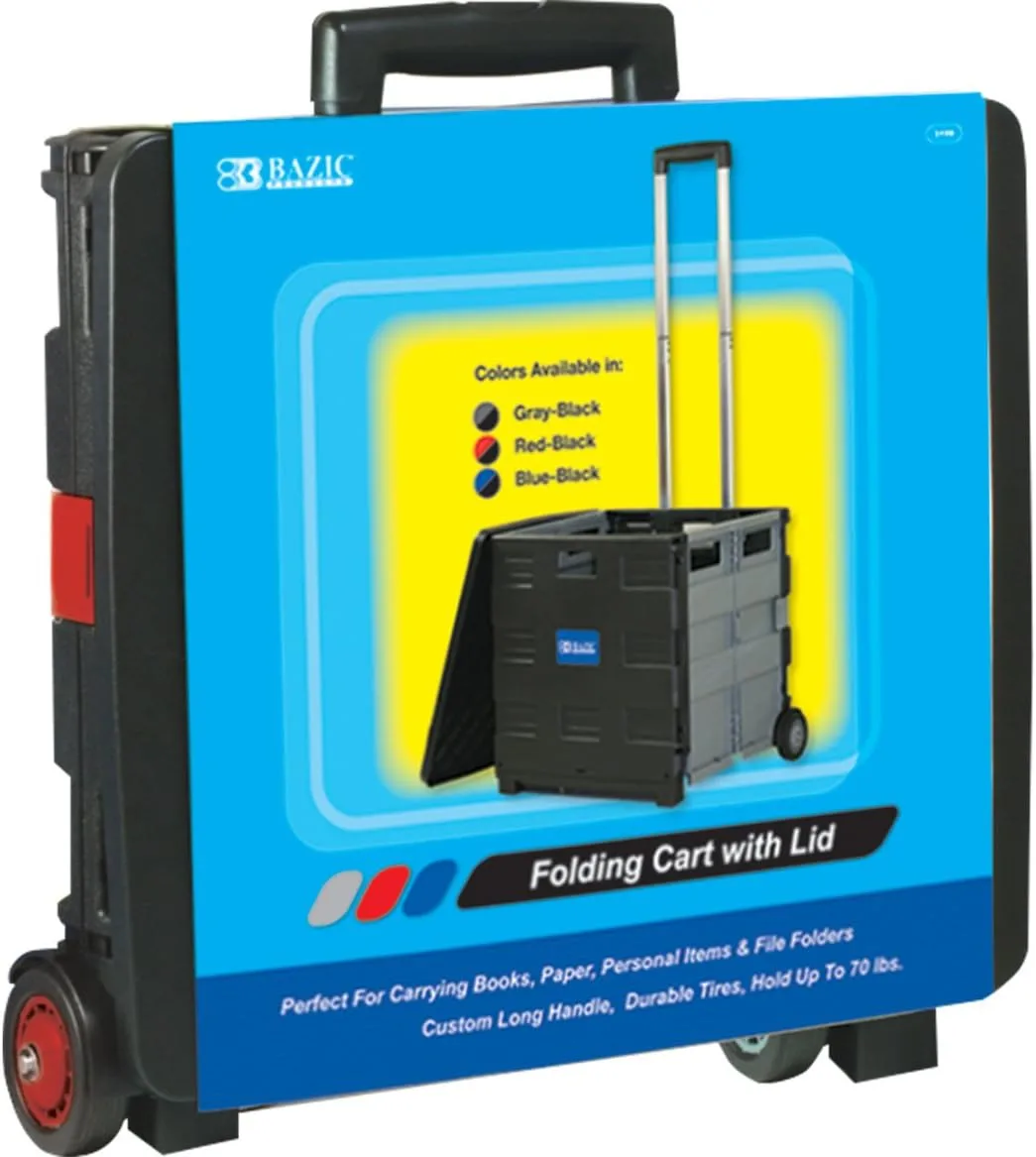 BAZIC 16 x 18 x 15 Inches Folding Cart on Wheels with Lid Cover, Red (2199)